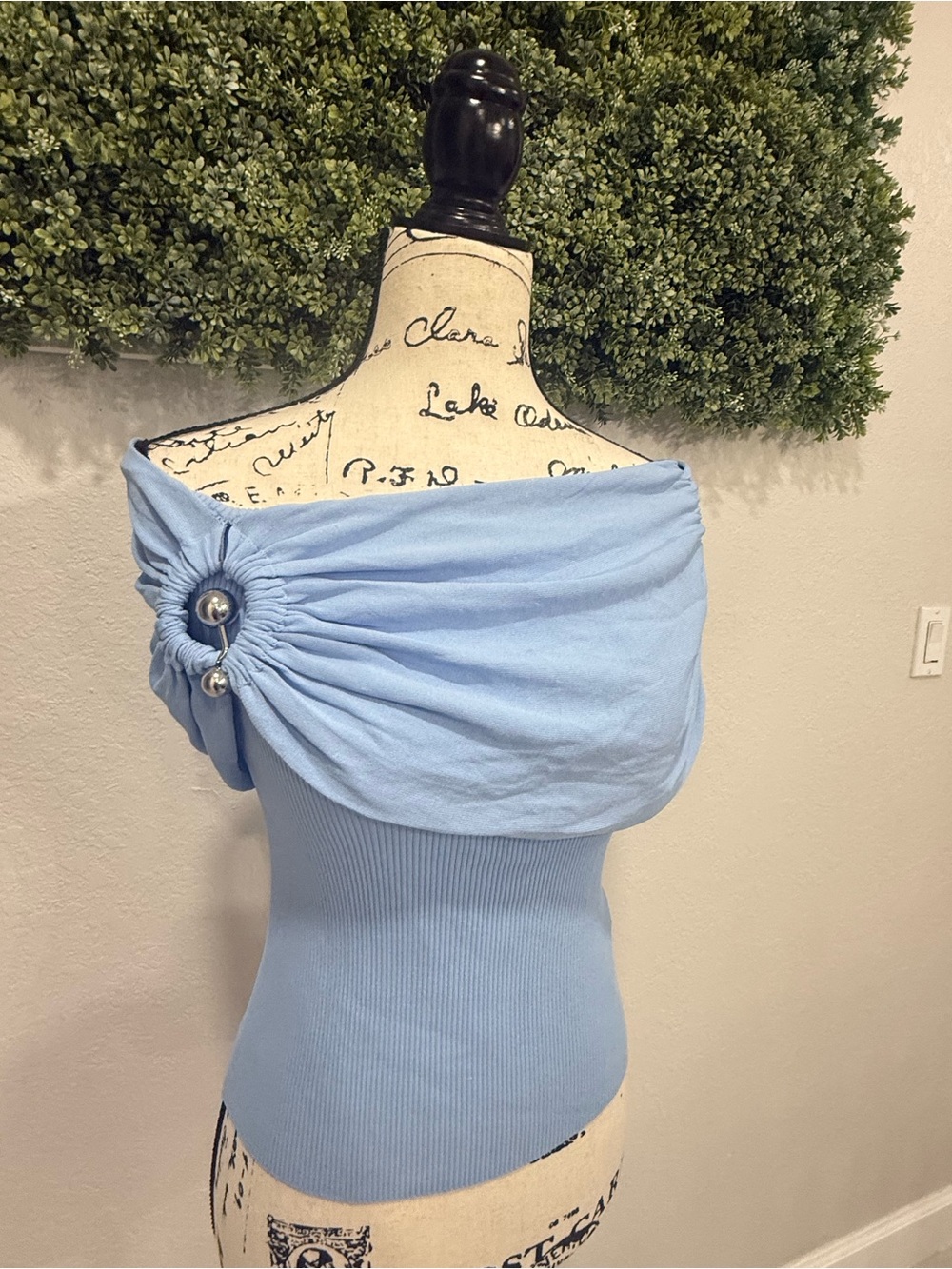 Zara Light Blue Off Shoulder Ruched Draped Top Silver Hardware